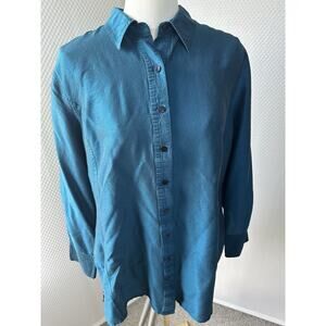 Chicos Vintage Silk Turquoise Blue Button Up Tunic Shirt Long Sleeve Sz 1 Large